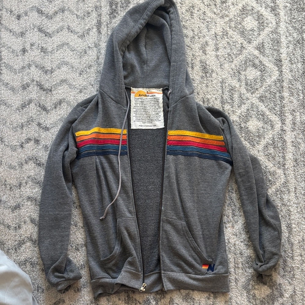 Aviator Nation Gray Zip-Up Hoodie with Rainbow Stripes